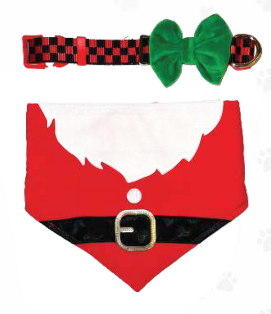 The Show and Tail, Collarful Xmas Santa Christmas themed Bandana reversible soft lighweight fabric collar bow set