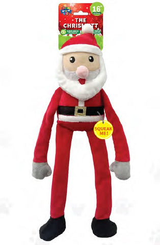 Show and Tail - Christmas Plush dog play toy, The Chrismutt Santa - with squeaker belly and stretchy crinkle crunch Hand and Leg - Festive Dog Toy.