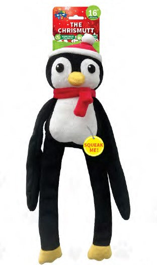 Show and Tail - Christmas Plush dog play toy, The Chrismutt Penguin 16 Inch- with squeaker belly and stretchy crinkle crunch Hand and Leg - Festive Dog Toy.