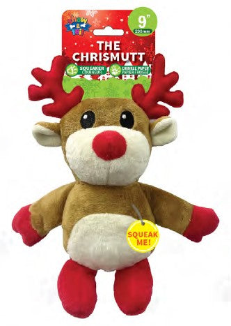 Show and Tail - Christmas Plush dog play toy, The Chrismutt Reindeer - with squeaker belly. Festive Dog Toy.