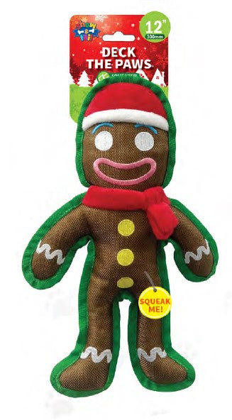 Show and Tail - Christmas Plush Gingerman dog play toy, "Deck The Paws" with durable squeaker inside - 12 -inch Festive Dog Toy.