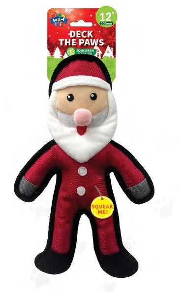 Show and Tail - Christmas Plush dog play toy, "Deck The Paws" Santa with durable squeaker inside - 12 -inch Festive Dog Toy.