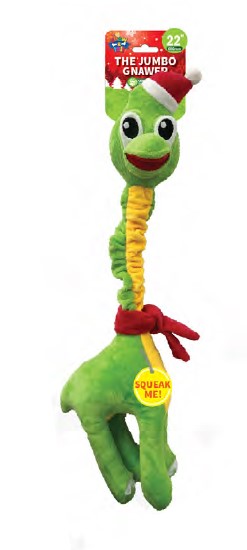 Show and Tail - Christmas Plush dog play toy,The Jumbo Gnawer Dinosaur push toy with pull Me and I Squeak feature - 22-inch Festive Dog Toy.