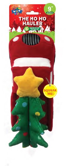 Show and Tail - Christmas Plush dog play toy, The Ho-Ho Hauler - with durable Squeaker and Christmas tree - Festive Dog Toy 9 Inch.
