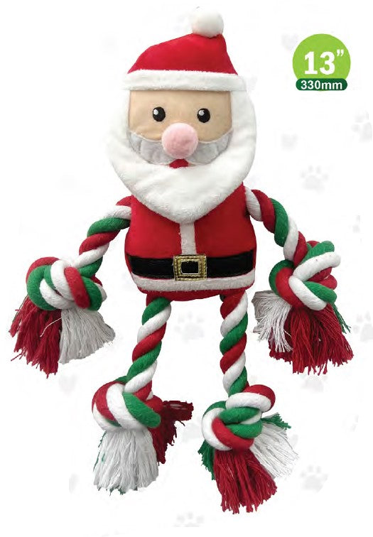 Show and Tail - Christmas Plush dog play toy, The Santa's Yelper - with Pull Me and I Rope function and Squeaker belly - Festive Dog Toy 13 Inch.