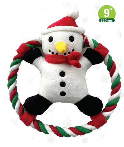Show and Tail - Christmas Plush dog play toy, The Yappy - with colorful rope and plush toy with Squeaker belly in the middle - Festive Dog Toy 9 Inch.