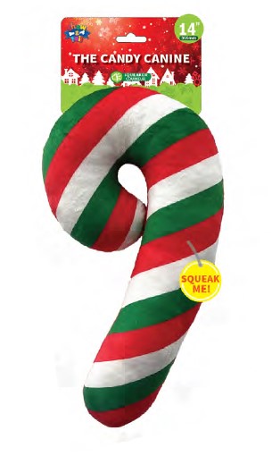 Show and Tail - Christmas Plush dog play toy,The Candy Canine with squeaker inside - 14-inch Festive Dog Toy.