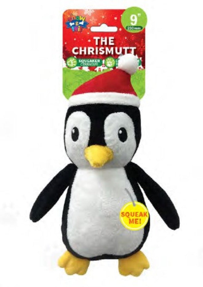 Show and Tail - Christmas Plush dog play toy, The Chrismutt Penguin 9 Inch - with squeaker belly and stretchy crinkle crunch Hand - Festive Dog Toy.