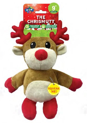 Show and Tail - Christmas Plush dog play toy, The Chrismutt Reindeer - with squeaker belly and stretchy crinkle crunch Hand and Leg - Festive Dog Toy.
