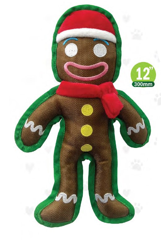 Show and Tail - Christmas Plush Gingerman dog play toy, "Deck The Paws" with durable squeaker inside - 12 -inch Festive Dog Toy.