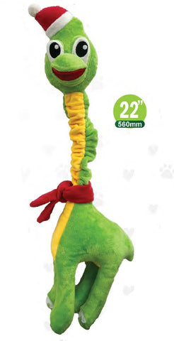 Show and Tail - Christmas Plush dog play toy,The Jumbo Gnawer Dinosaur push toy with pull Me and I Squeak feature - 22-inch Festive Dog Toy.