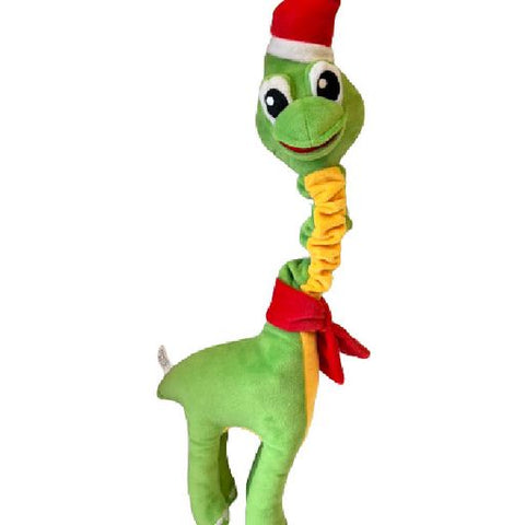 Show and Tail - Christmas Plush dog play toy,The Jumbo Gnawer Dinosaur push toy with pull Me and I Squeak feature - 22-inch Festive Dog Toy.