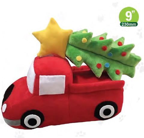 Show and Tail - Christmas Plush dog play toy, The Ho-Ho Hauler - a Santa driven bus plush toy with durable Squeaker and Christmas tree - Festive Dog Toy 9 Inch.