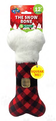 Show and Tail - Christmas Plush dog play toy, The Snow Bone - with festive print and a squeaker - Festive Dog Toy 12 Inch.